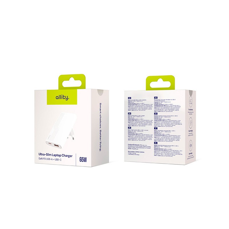 Polnilec ALLITY ATC-02 GaN, 65W, 1x USB-C, 1x USB-A, PD, QC, bel