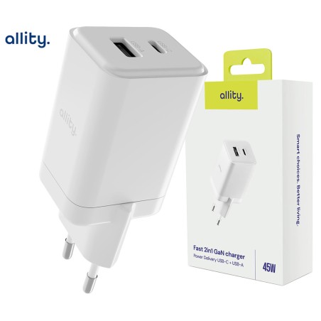 Polnilec ALLITY ATC-01 GaN, 45W, 1x USB-C, 1x USB-A, PD, QC, bel