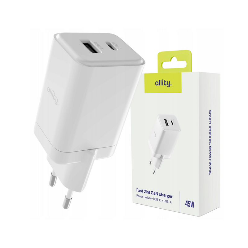 Polnilec ALLITY ATC-01 GaN, 45W, 1x USB-C, 1x USB-A, PD, QC, bel