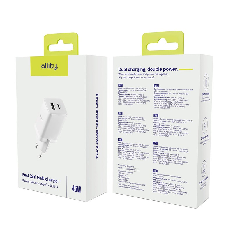 Polnilec ALLITY ATC-01 GaN, 45W, 1x USB-C, 1x USB-A, PD, QC, bel