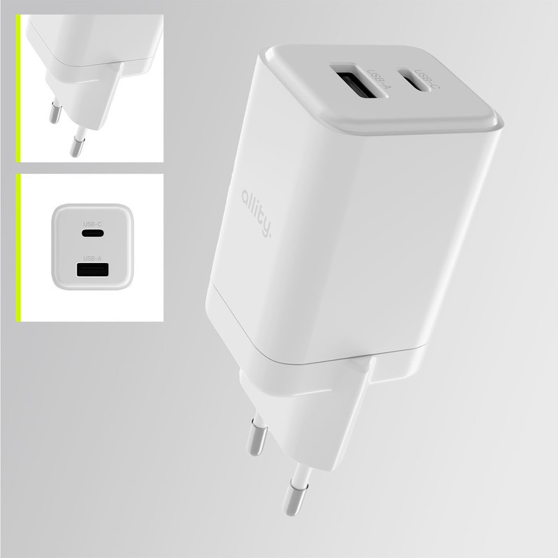 Polnilec ALLITY ATC-01 GaN, 45W, 1x USB-C, 1x USB-A, PD, QC, bel