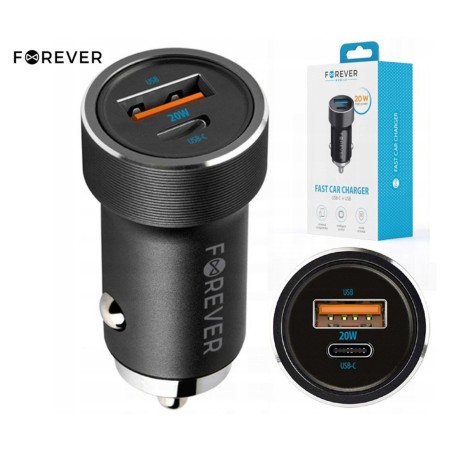 Avto polnilec FOREVER CC-06, 20W, 12-24V, 1x USB-A, 1x USB-C, PD, QC, črn