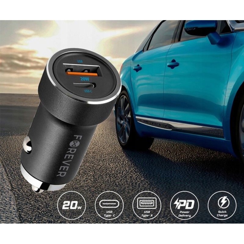 Avto polnilec FOREVER CC-06, 20W, 12-24V, 1x USB-A, 1x USB-C, PD, QC, črn