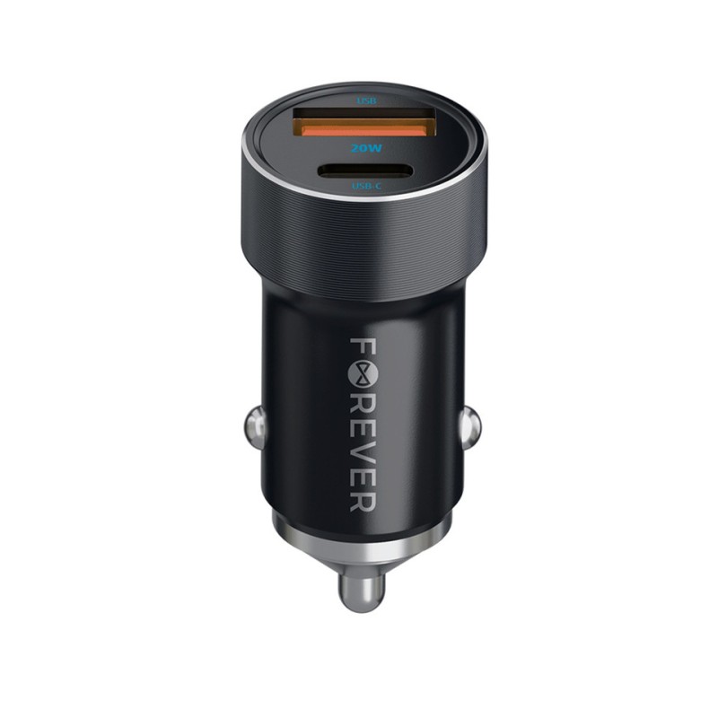 Avto polnilec FOREVER CC-06 , 20W, 12-24V, 1x USB-AA, 1x USB-C, PD, črn