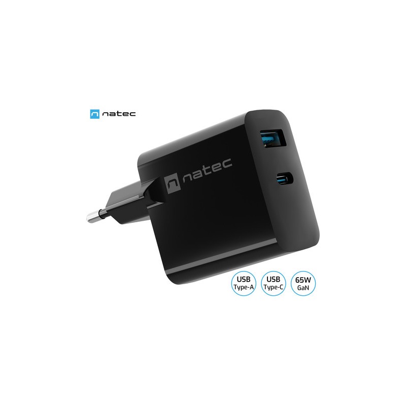Polnilec Natec RIBERA GaN, 65W, 1x USB-A, 1x USB-C, PD 3.0, QC 3.0, črn