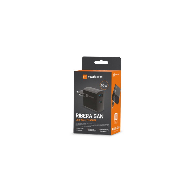 Polnilec Natec RIBERA GaN, 65W, 1x USB-A, 1x USB-C, PD 3.0, QC 3.0, črn