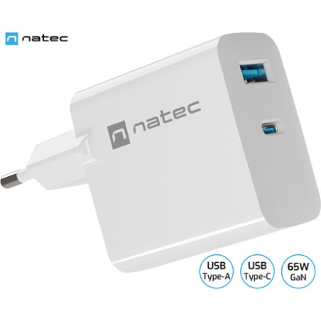 Polnilec Natec RIBERA GaN, 65W, 1x USB-A, 1x USB-C, PD 3.0, QC 3.0, bel