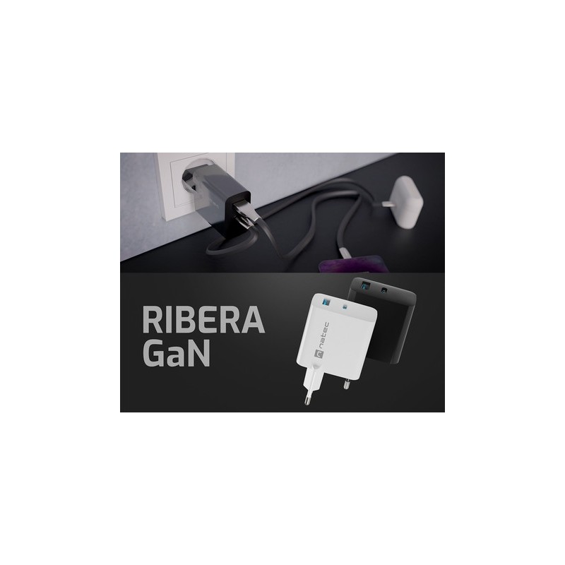 Polnilec Natec RIBERA GaN, 65W, 1x USB-A, 1x USB-C, PD 3.0, QC 3.0, bel