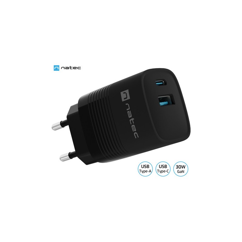 Polnilec Natec RIBERA GaN, 30W, 1x USB-A, 1x USB-C, PD 3.0, QC 3.0, črn