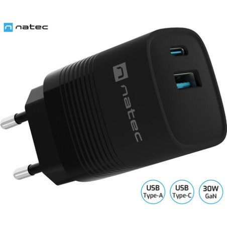 Polnilec Natec RIBERA GaN, 30W, 1x USB-A, 1x USB-C, PD 3.0, QC 3.0, črn