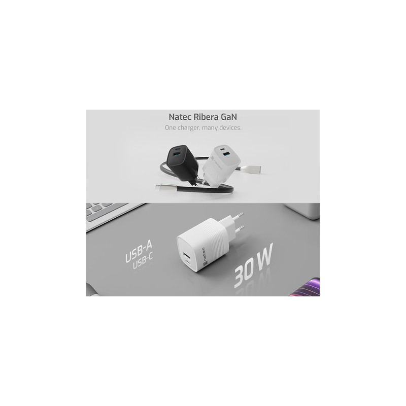 Polnilec Natec RIBERA GaN, 30W, 1x USB-A, 1x USB-C, PD 3.0, QC 3.0, črn