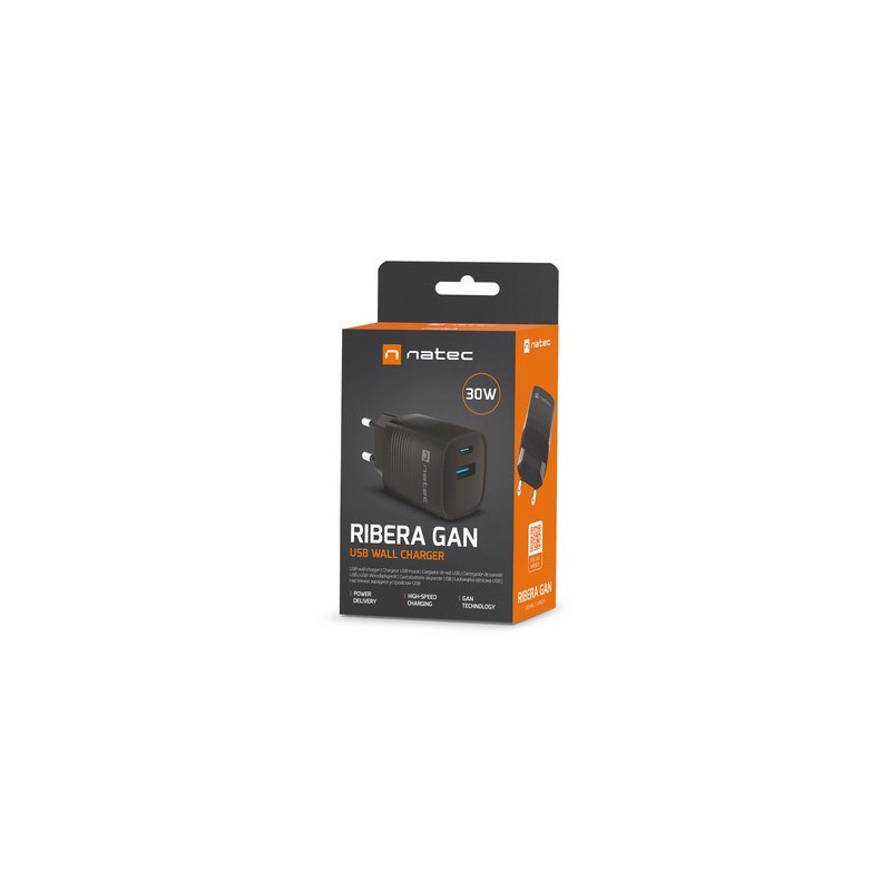 Polnilec Natec RIBERA GaN, 30W, 1x USB-A, 1x USB-C, PD 3.0, QC 3.0, črn