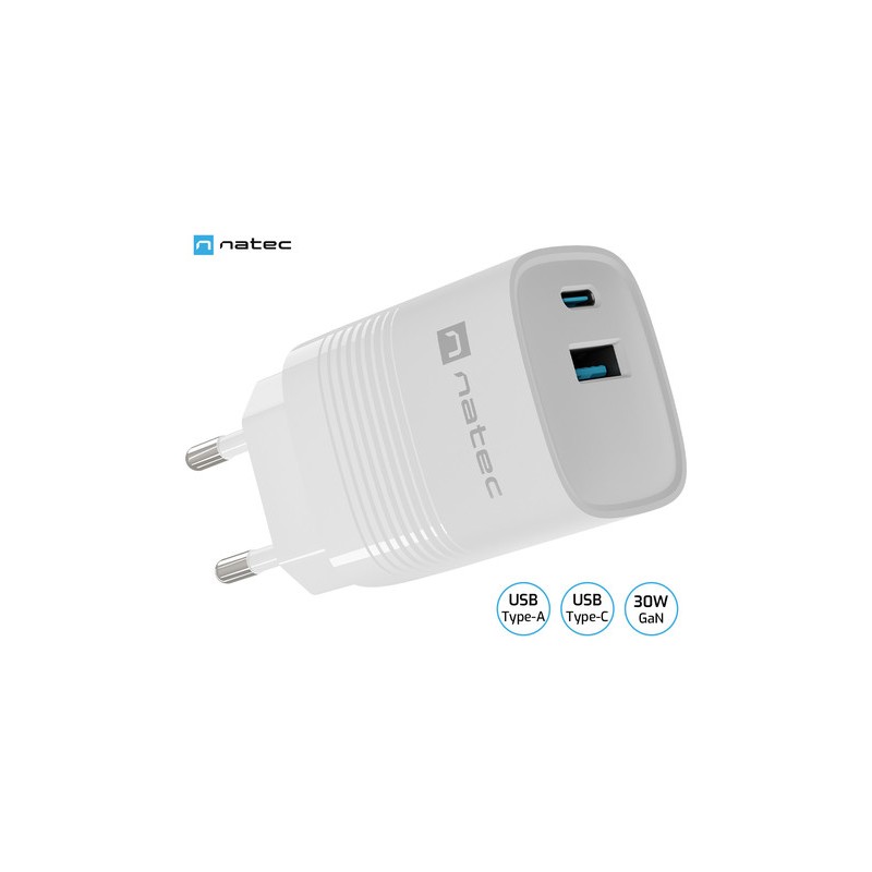 Polnilec Natec RIBERA GaN, 30W, 1x USB-A, 1x USB-C, PD 3.0, QC 3.0, bel