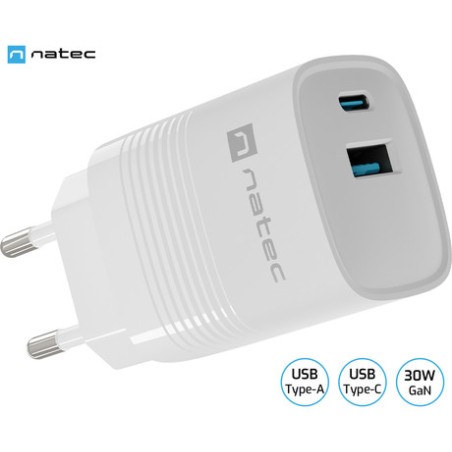 Polnilec Natec RIBERA GaN, 30W, 1x USB-A, 1x USB-C, PD 3.0, QC 3.0, bel