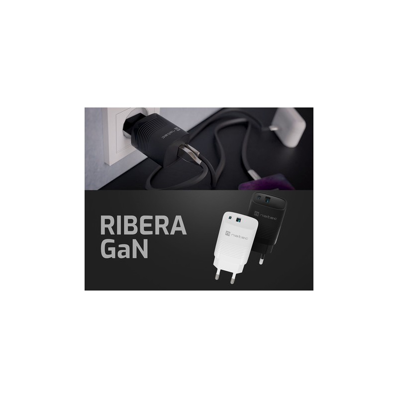 Polnilec Natec RIBERA GaN, 30W, 1x USB-A, 1x USB-C, PD 3.0, QC 3.0, bel