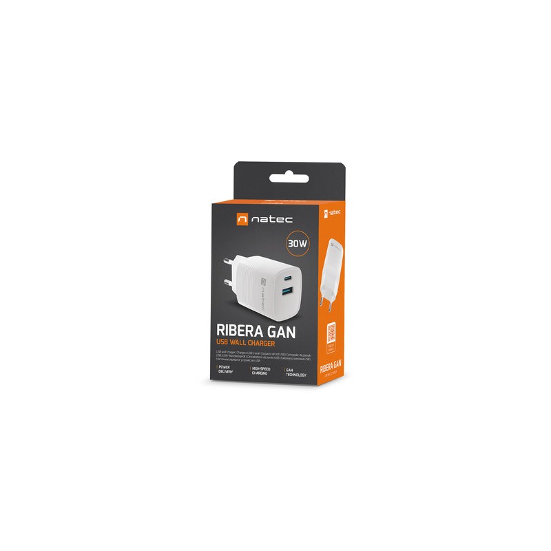 Polnilec Natec RIBERA GaN, 30W, 1x USB-A, 1x USB-C, PD 3.0, QC 3.0, bel