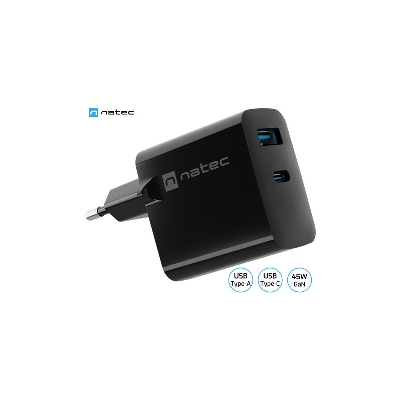 Polnilec Natec RIBERA GaN, 45W, 1x USB-A, 1x USB-C, PD 3.0, QC 3.0, črn
