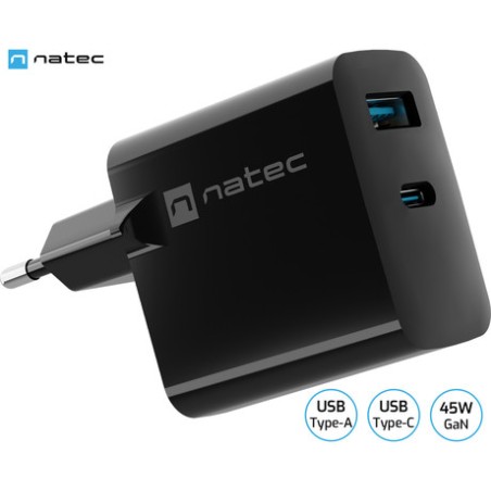 Polnilec Natec RIBERA GaN, 45W, 1x USB-A, 1x USB-C, PD 3.0, QC 3.0, črn