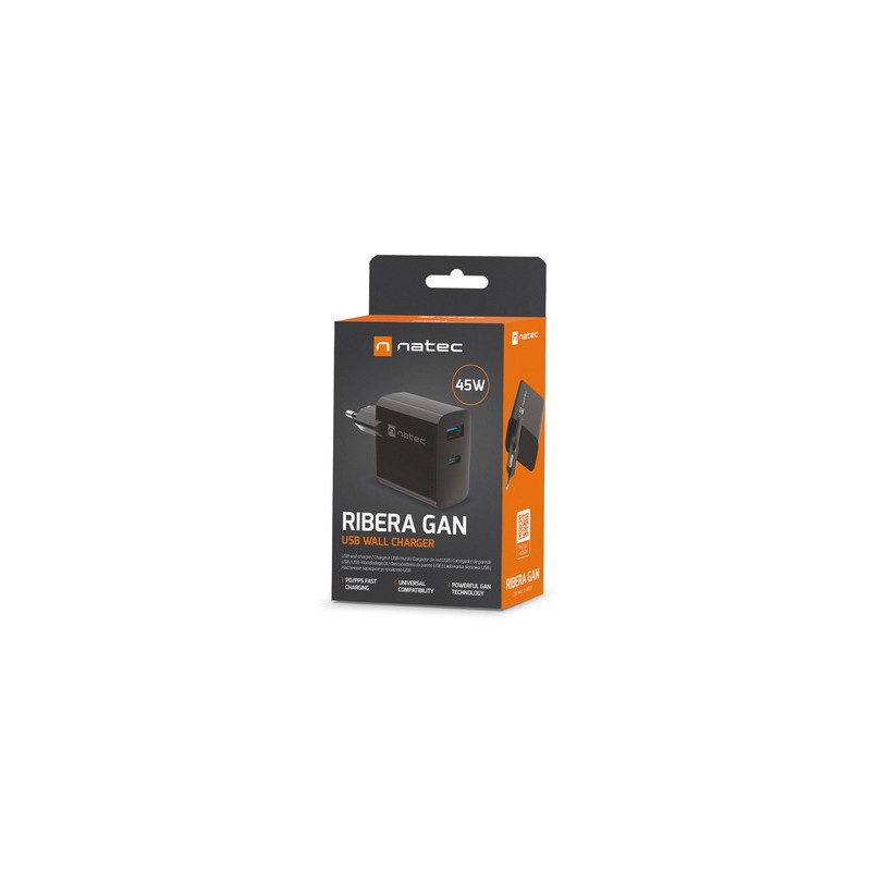 Polnilec Natec RIBERA GaN, 45W, 1x USB-A, 1x USB-C, PD 3.0, QC 3.0, črn