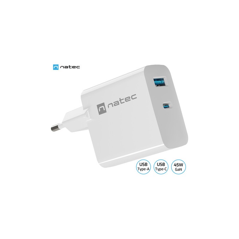 Polnilec Natec RIBERA GaN, 45W, 1x USB-A, 1x USB-C, PD 3.0, QC 3.0, bel