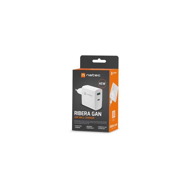 Polnilec Natec RIBERA GaN, 45W, 1x USB-A, 1x USB-C, PD 3.0, QC 3.0, bel