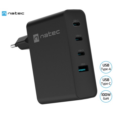 Polnilec Natec RIBERA GaN, 100W, 1x USB-A, 3x USB-C, PD 3.0, QC 3.0, črn