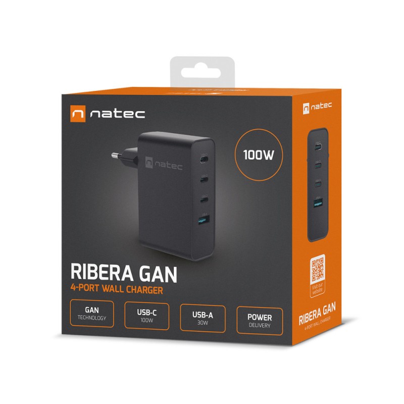 Polnilec Natec RIBERA GaN, 100W, 1x USB-A, 3x USB-C, PD 3.0, QC 3.0, črn