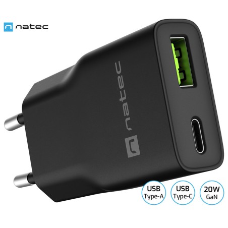Polnilec Natec RIBERA GaN SLIM, 20W, 1x USB-A, 1x USB-C, PD 3.0, QC 3.0, črn