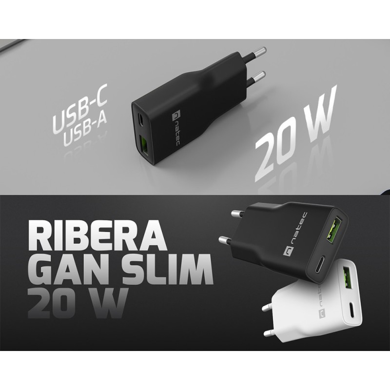 Polnilec Natec RIBERA GaN SLIM, 20W, 1x USB-A, 1x USB-C, PD 3.0, QC 3.0, črn