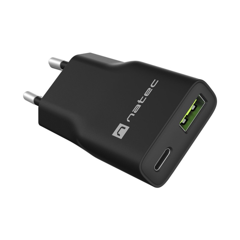 Polnilec Natec RIBERA GaN SLIM, 20W, 1x USB-A, 1x USB-C, PD 3.0, QC 3.0, črn
