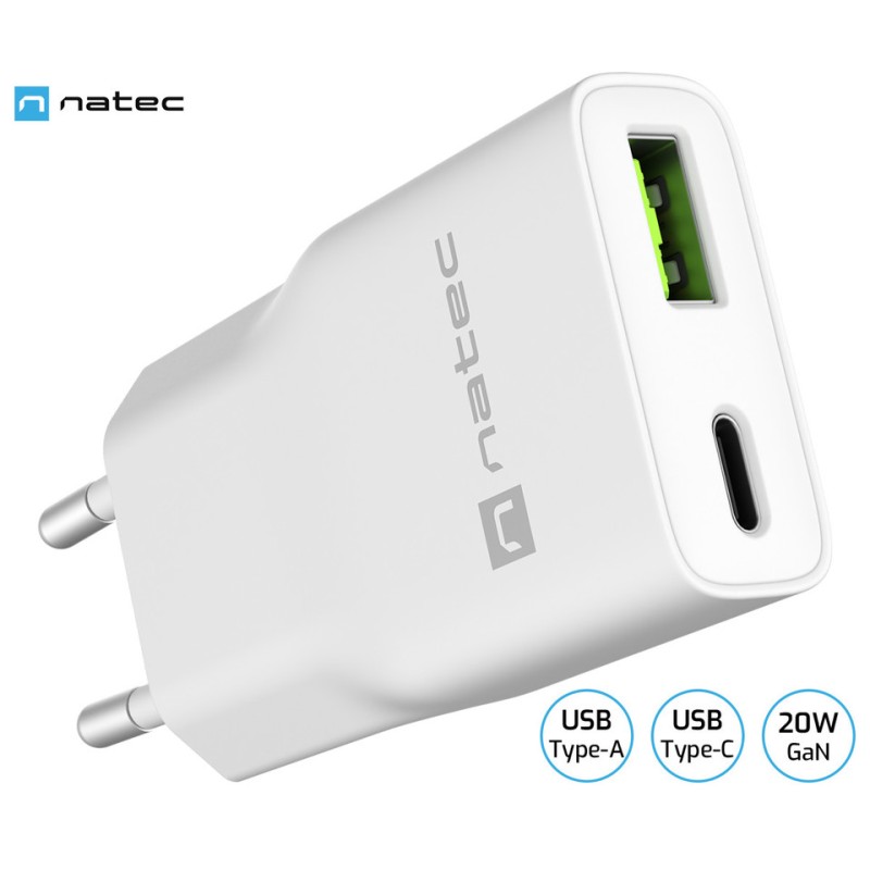 Polnilec Natec RIBERA GaN SLIM, 20W, 1x USB-A, 1x USB-C, PD 3.0, QC 3.0, bel