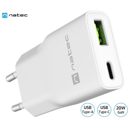 Polnilec Natec RIBERA GaN SLIM, 20W, 1x USB-A, 1x USB-C, PD 3.0, QC 3.0, bel