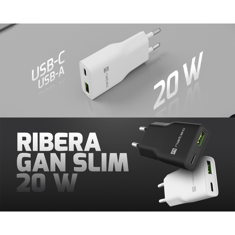 Polnilec Natec RIBERA GaN SLIM, 20W, 1x USB-A, 1x USB-C, PD 3.0, QC 3.0, bel