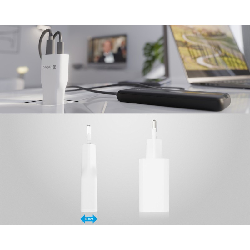 Polnilec Natec RIBERA GaN SLIM, 20W, 1x USB-A, 1x USB-C, PD 3.0, QC 3.0, bel