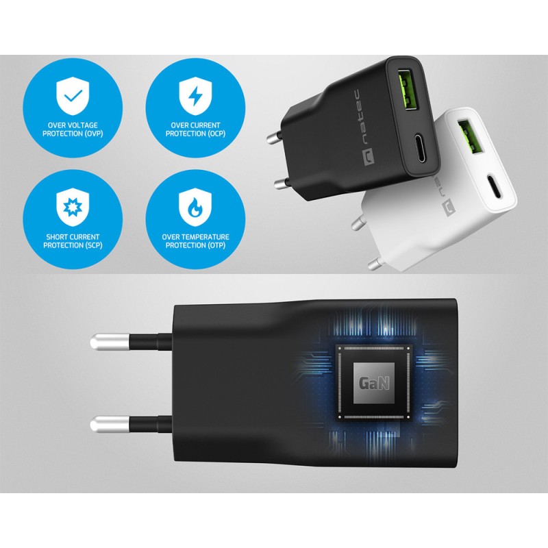 Polnilec Natec RIBERA GaN SLIM, 20W, 1x USB-A, 1x USB-C, PD 3.0, QC 3.0, bel