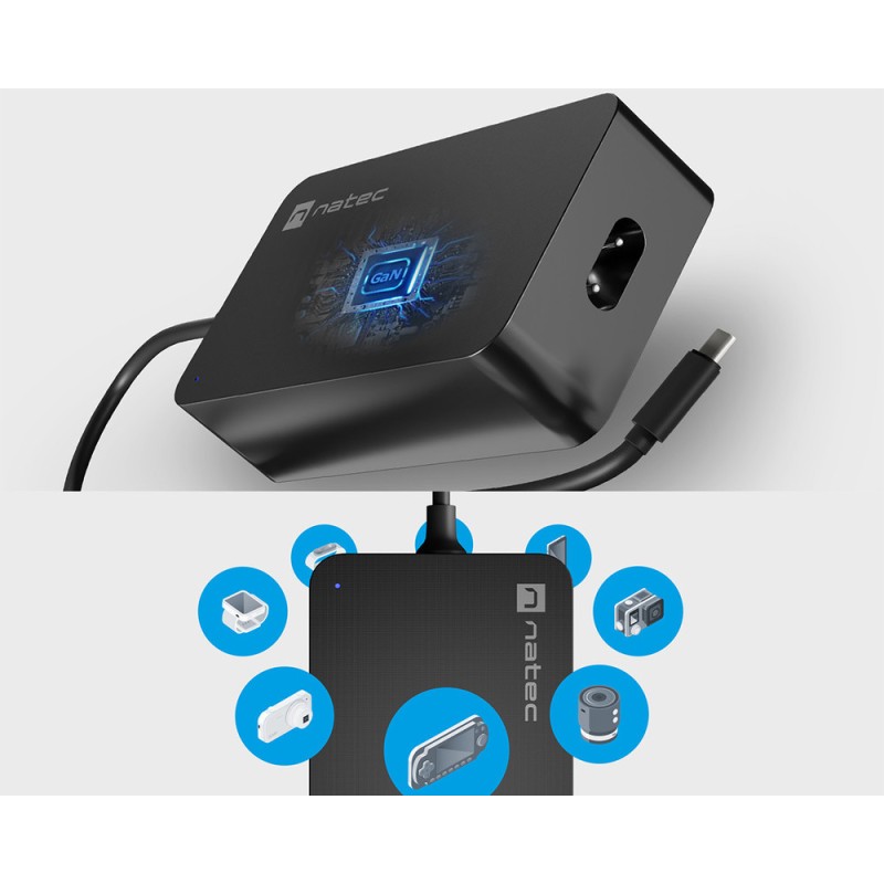 Polnilec Natec GRAYLING GaN 65W, USB-C, PD 3.0, črn