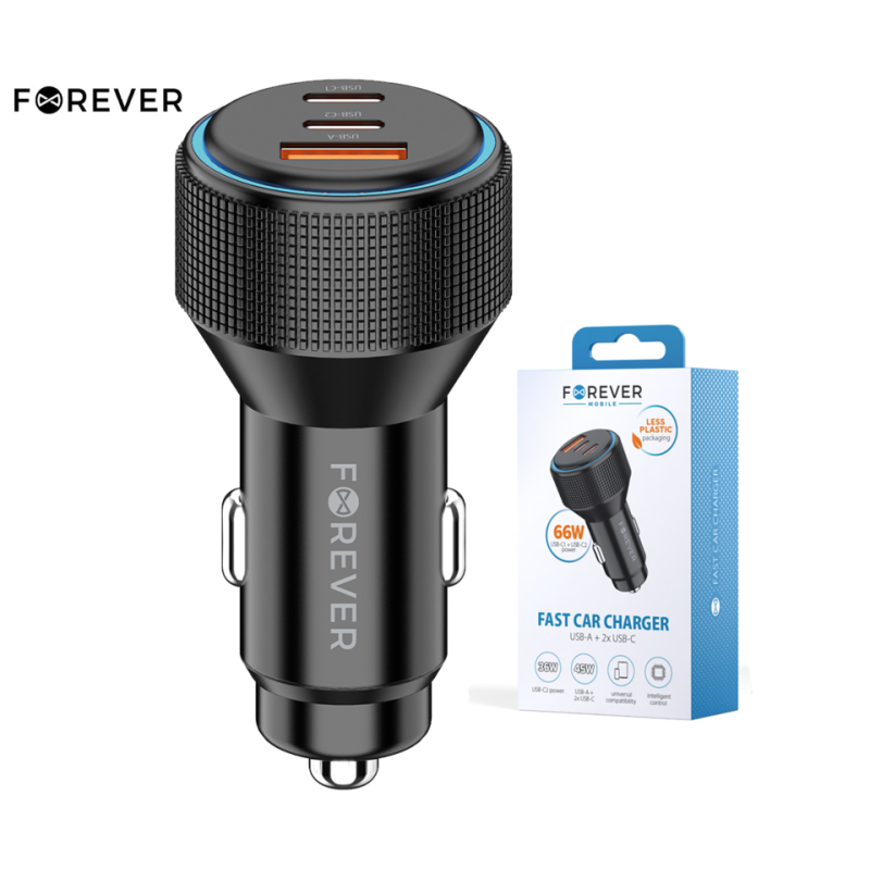 Avto polnilec FOREVER CC-07-66ACC, 66W, 12-24V, 1x USB-A, 2x USB-C, QC, PD, črn