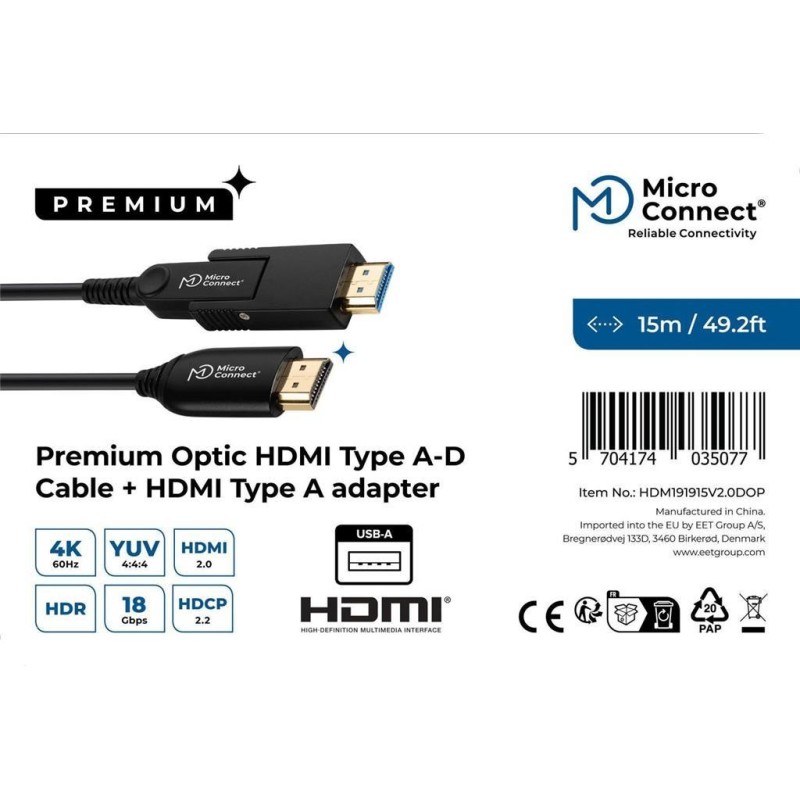 Kabel MicroConnect High Speed Active HDMI 2.0 A-D, 15m Premium optični, aktiven