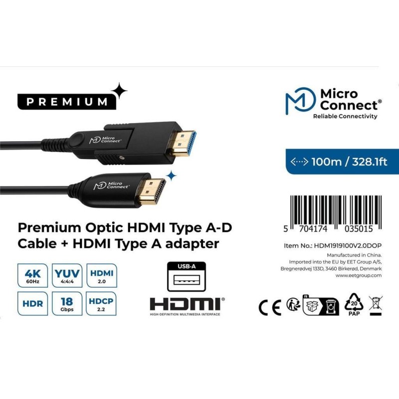 Kabel MicroConnect Optični HDMI-A na HDMI-D 100m s HDMI-A adapterjem