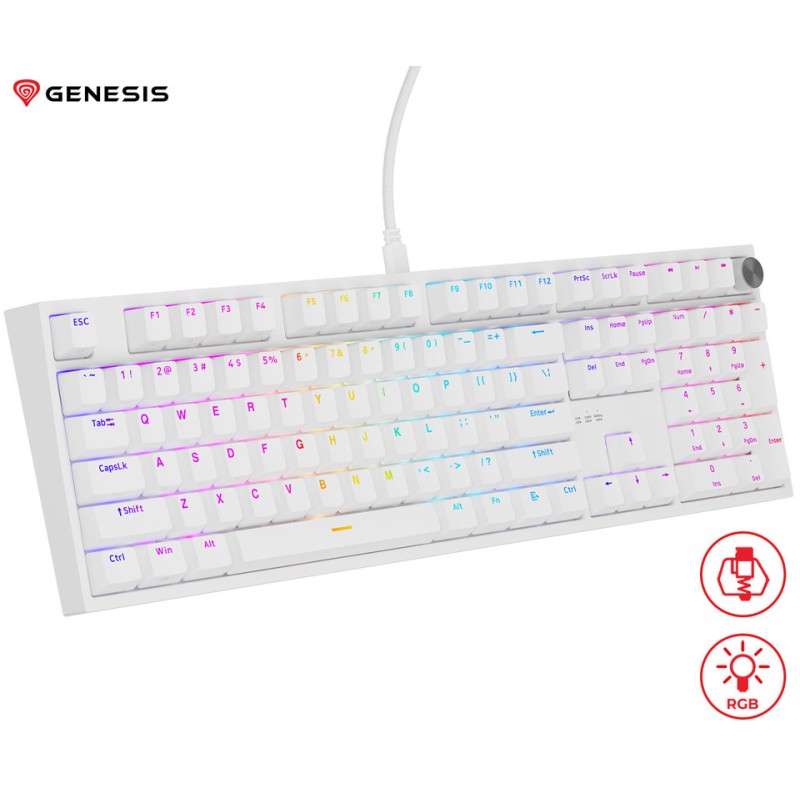 Tipkovnica Genesis Thor 404, RGB, Gateron Yellow Pro, bela