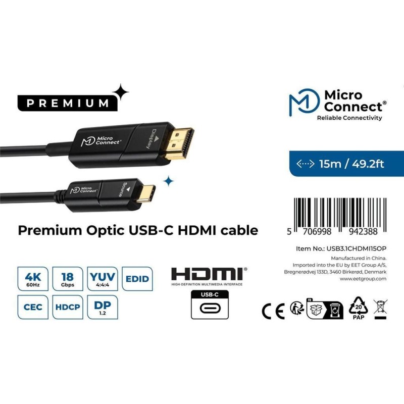 Kabel MicroConnect Premium USB C-HDMI optični, 15m