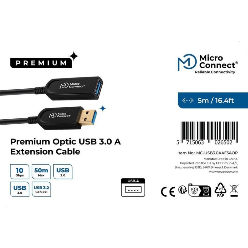 Podaljševalni kabel MicroConnect optični USB A-A 3.0, 5m, črn (M-F)