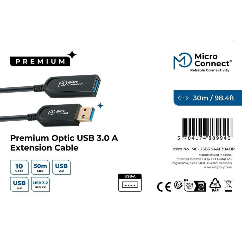 Kabel MicroConnect USB A-A 3.2 optični  (M-F), 30m
