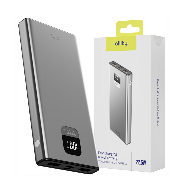 Prenosna baterija Powerbank Allity APB-100, 10.000mAh, PD, QC, siva