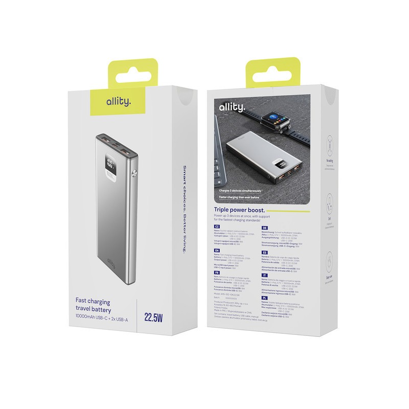 Prenosna baterija Powerbank Allity APB-100, 10.000mAh, PD, QC, siva