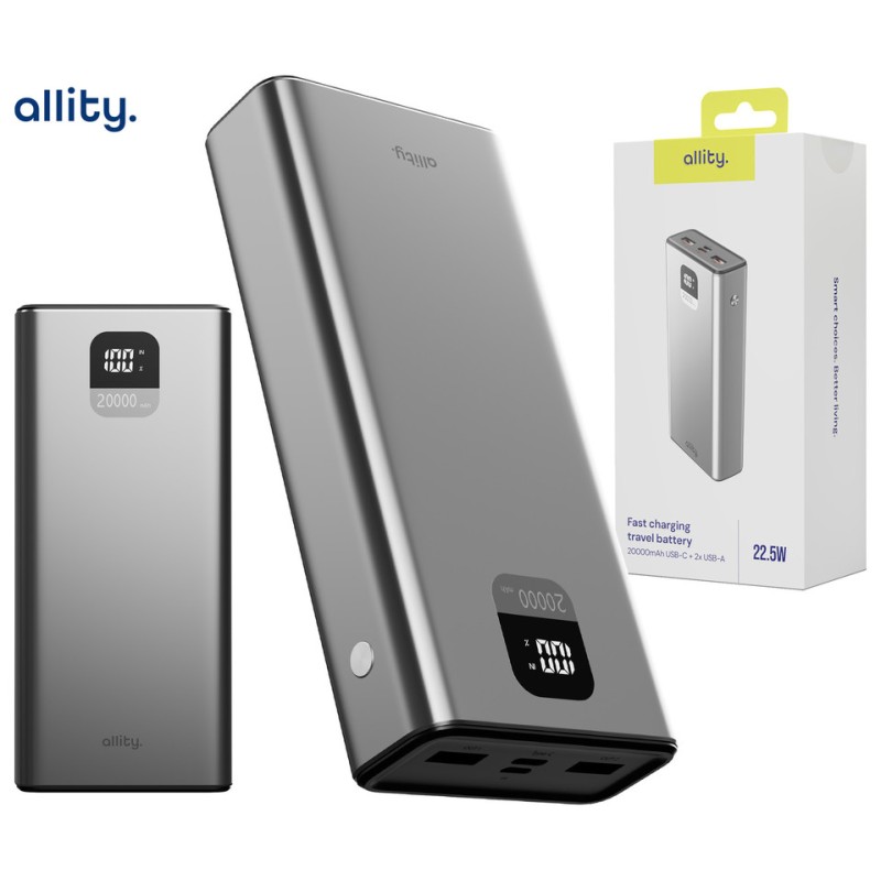Prenosna baterija Powerbank Allity APB-100, 20.000mAh, PD, QC, siva