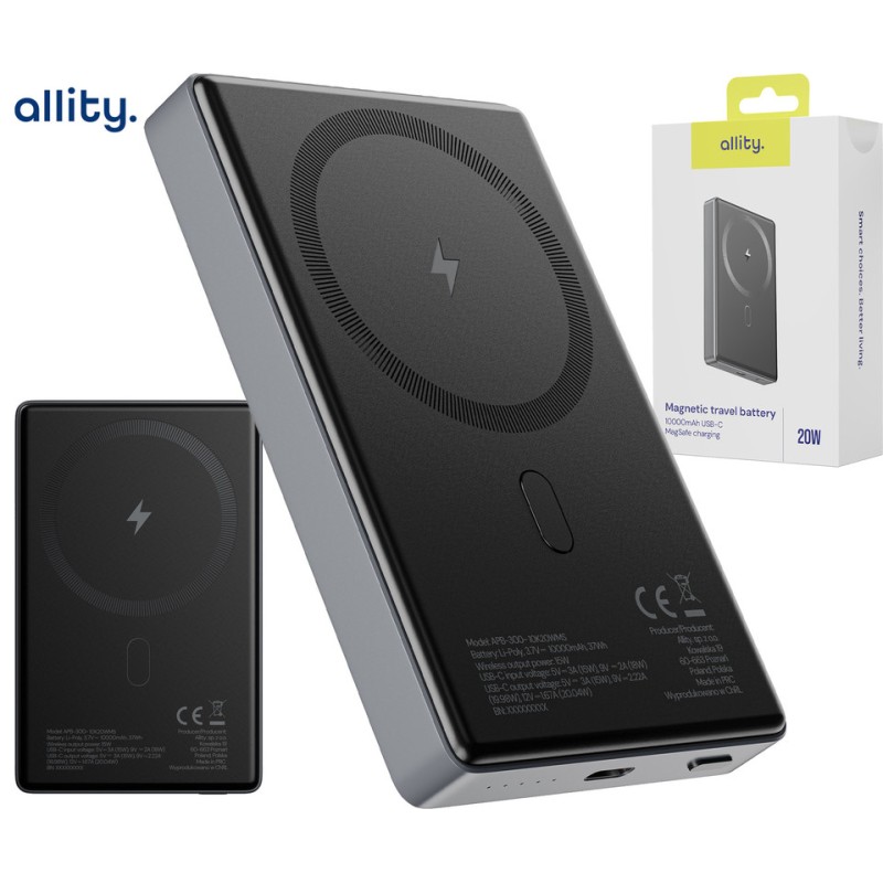 Prenosna baterija Powerbank Allity APB-300, 10.000mAh, MagSafe, PD, QC, siva
