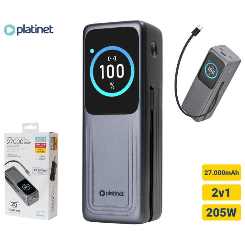 Prenosna baterija Powerbank Platinet PMPB27140 2V1, 27.000mAh, QC, PD, črna