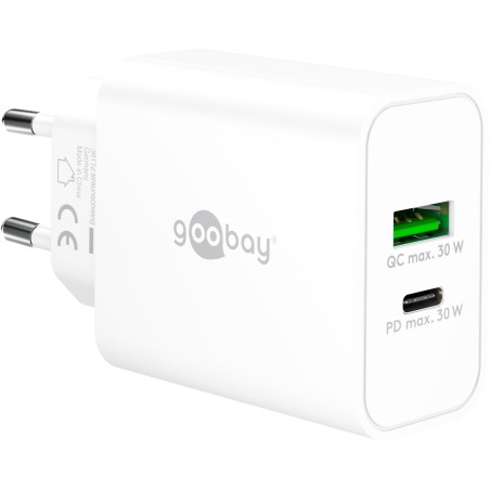 Polnilec Goobay 30W GaN Dual 1x USB-C PD, 1x USB-A QC, bel