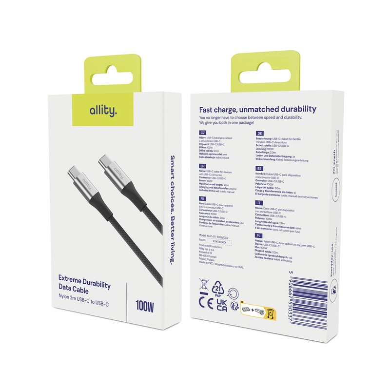 Kabel ALLITY AUC-01 USB-C na USB-C, 100W, najlon, 1m, črn